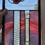01_ Mouthblown French "Saint Just" glass, vintage rippled architectural glass, square bevels, Rose jewel and nuggets with wirework 8.5" x 12" $145 SOLD